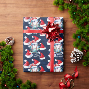 青い背景にボールが付いた野球のクリスマス ラッピングペーパー