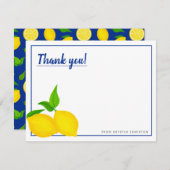 青い背景にモダンな黄色の柑橘類のレモン サンキューカード (正面/裏面)