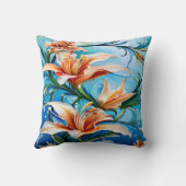 青い背景にユリの花フローラ クッション (裏面)