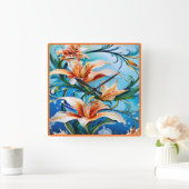 青い背景にユリの花フローラ スクエア壁時計 (ホーム)