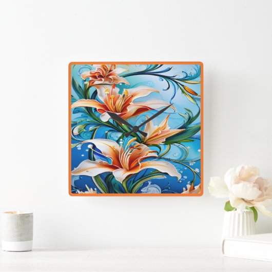 青い背景にユリの花フローラ スクエア壁時計 (ホーム)