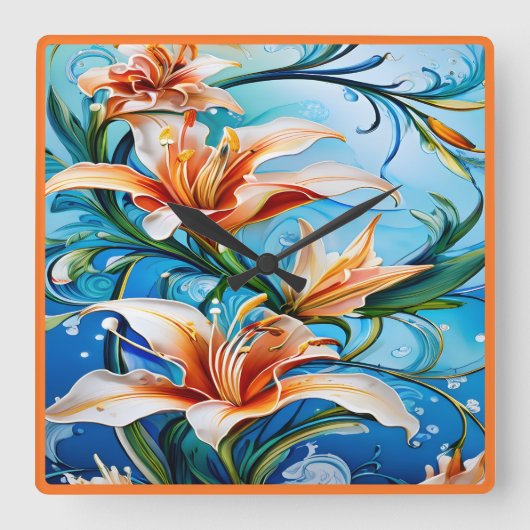 青い背景にユリの花フローラ スクエア壁時計 (正面)