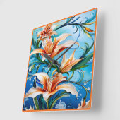 青い背景にユリの花フローラ スクエア壁時計 (傾斜)