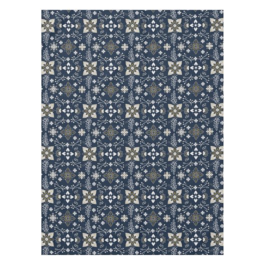 青い背景に北欧の白と金ゴールドの花 テーブルクロス (正面)