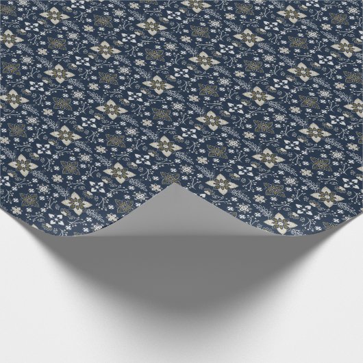 青い背景に北欧の白と金ゴールドの花 ラッピングペーパー (角)