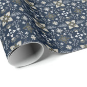 青い背景に北欧の白と金ゴールドの花 ラッピングペーパー (ロールコーナー)