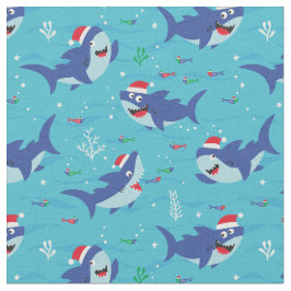 青い背景に可愛いクリスマスサメ ファブリック