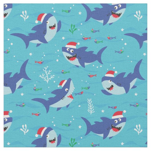 青い背景に可愛いクリスマスサメ ファブリック (クローズアップ)