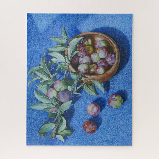 青い背景に咲く梅絵を描の枝 ジグソーパズル (縦)