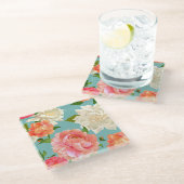 青い背景に大きい花のビンテージカントリー飲料 ガラスコースター (アングル)