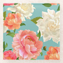 青い背景に大きい花のビンテージカントリー飲料