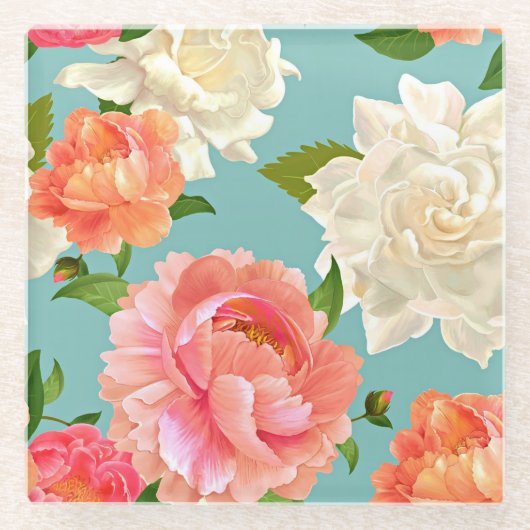 青い背景に大きな花のプリントが施されたヴィンテージカントリー飲料 ガラスコースター (正面)