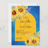 青い背景に明るい黄色のひまわりアーチ 招待状 (正面)