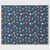 青い背景に星、プレゼント、お菓子の模様 ラッピングペーパー (フラット)