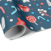 青い背景に星、プレゼント、お菓子の模様 ラッピングペーパー (ロールコーナー)