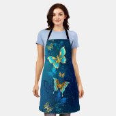 青い背景に浮かぶ金色の蝶 エプロン (着用した状態)