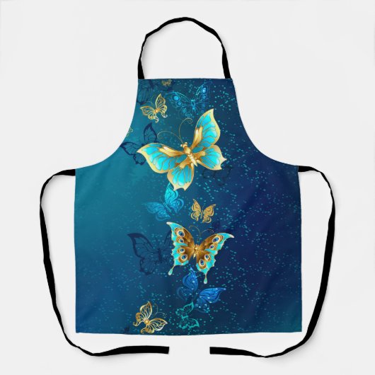 青い背景に浮かぶ金色の蝶 エプロン (正面)