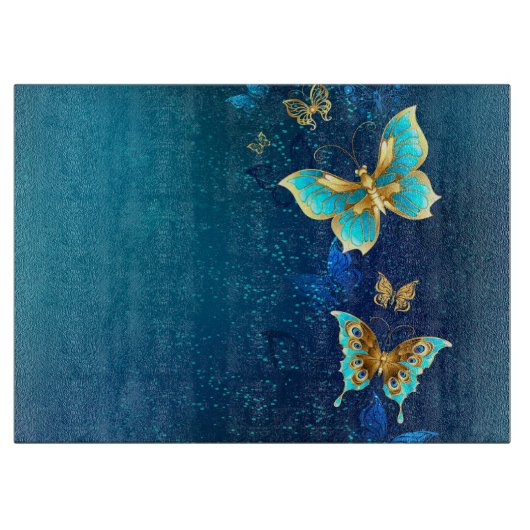 青い背景に浮かぶ金色の蝶 カッティングボード (正面)