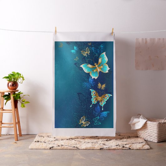 青い背景に浮かぶ金色の蝶 ファブリック (インサイチュ)