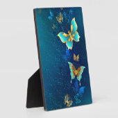 青い背景に浮かぶ金色の蝶 フォトプラーク (側面)