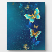 青い背景に浮かぶ金色の蝶 フォトプラーク (正面)