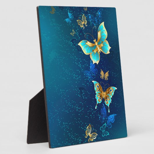 青い背景に浮かぶ金色の蝶 フォトプラーク (側面)