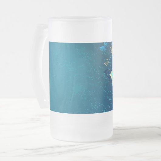 青い背景に浮かぶ金色の蝶 フロストグラスビールジョッキ (正面左)