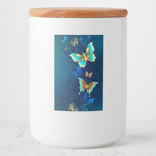 青い背景に浮かぶ金色の蝶 フードラベル (正面)