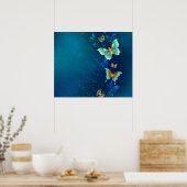 青い背景に浮かぶ金色の蝶 ポスター (キッチン)