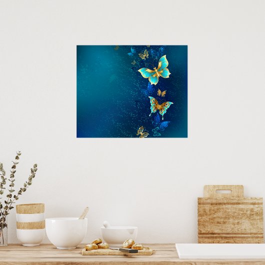 青い背景に浮かぶ金色の蝶 ポスター (キッチン)
