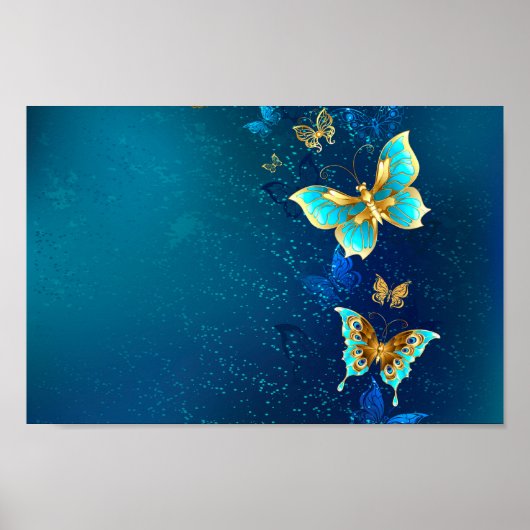 青い背景に浮かぶ金色の蝶 ポスター (正面)