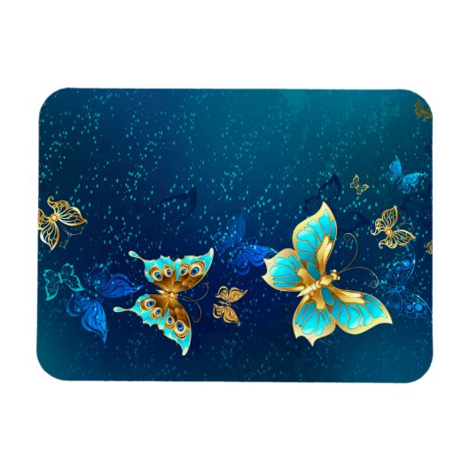 青い背景に浮かぶ金色の蝶 マグネット (横)