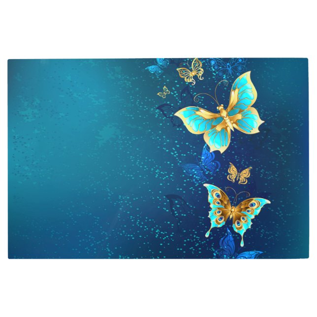 青い背景に浮かぶ金色の蝶 メタルプリント (正面)