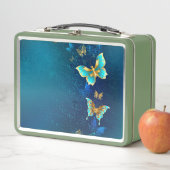 青い背景に浮かぶ金色の蝶 メタルランチボックス (インサイチュ)