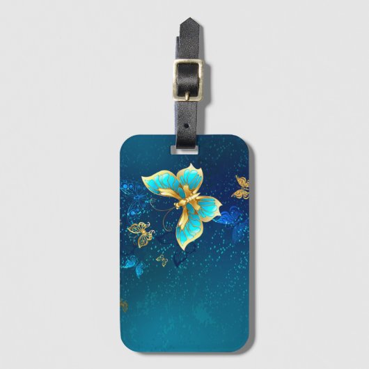 青い背景に浮かぶ金色の蝶 ラゲッジタグ (正面縦)