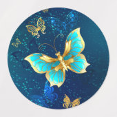 青い背景に浮かぶ金色の蝶 ラベル (デザイン2)