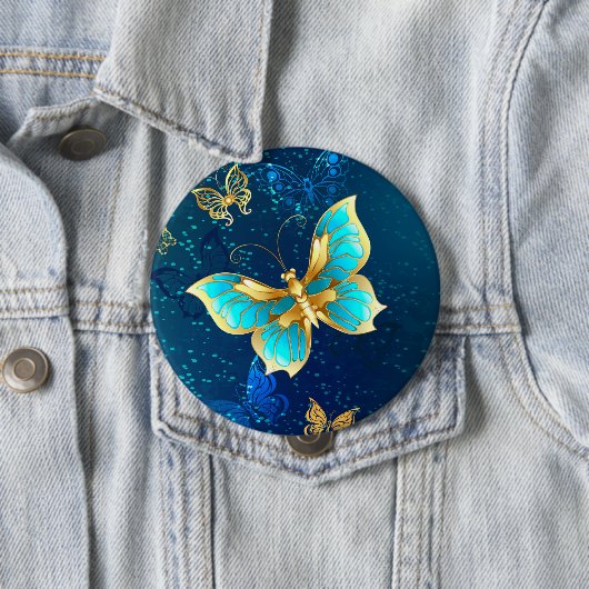 青い背景に浮かぶ金色の蝶 缶バッジ (インサイチュ)