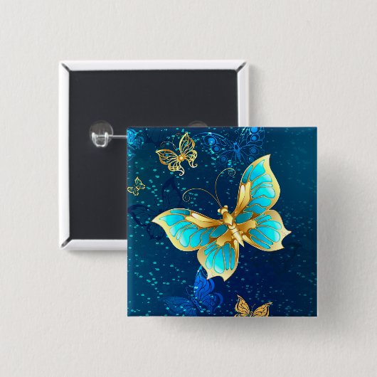青い背景に浮かぶ金色の蝶 缶バッジ (正面&裏面)