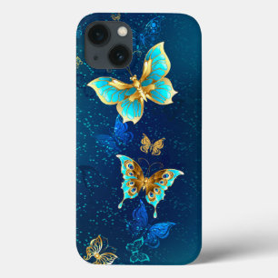 青い背景に浮かぶ金色の蝶 iPhone 13ケース