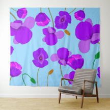 青い背景に淡い色のポピー薄紫