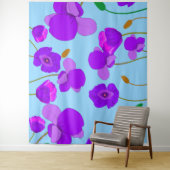 青い背景に淡い色のポピー薄紫 タペストリー (インサイチュ)