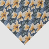 青い背景に熱帯の黄色のハイビスカスフローラ 薄葉紙 (詳細)