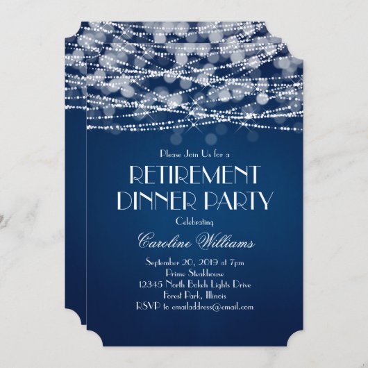 青い背景に白いストリングライトの還暦パーティー 招待状 (正面/裏面)