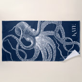 青い背景に白いタコ ビーチタオル (正面)