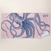 青い背景に白いタコ ビーチタオル (正面)