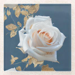 青い背景に白いバラ離れと金ゴールド ガラスコースター