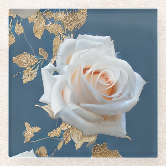 青い背景に白いバラ離れと金ゴールド ガラスコースター (正面)