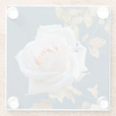 青い背景に白いバラ離れと金ゴールド ガラスコースター (裏面)