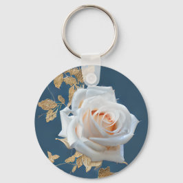 青い背景に白いバラ離れと金ゴールド キーホルダー