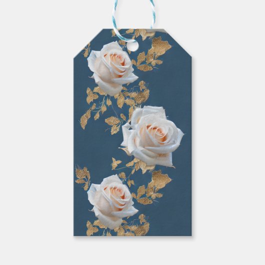 青い背景に白いバラ離れと金ゴールド ギフトタグ (正面)